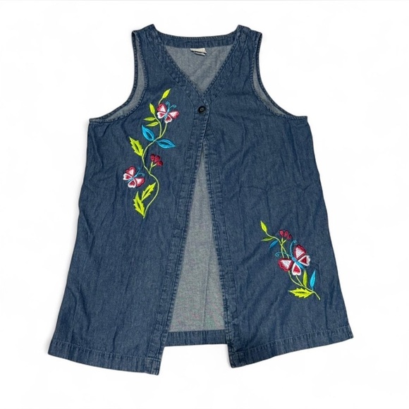 Blair Tops - Vintage Blair Denim Tunic Top Floral Embroidered Butterflies 90s Art Teacher